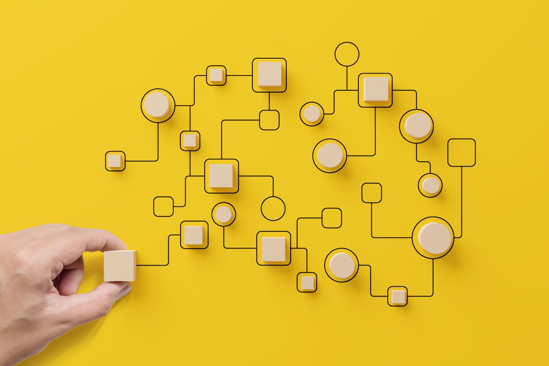 Business process and workflow automation with flowchart. Hand holding wooden cube block arranging processing management on yellow background